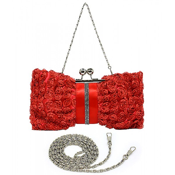 Evening Bag - Rosettes w/ Linear Beads - Red - BG-639F-RD
